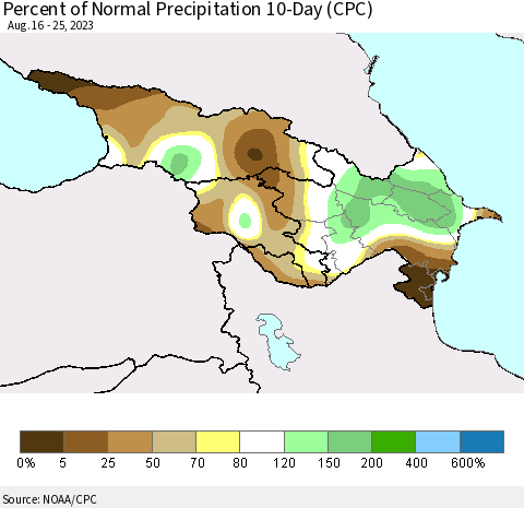 Azerbaijan, Armenia and Georgia Percent of Normal Precipitation 10-Day (CPC) Thematic Map For 8/16/2023 - 8/25/2023