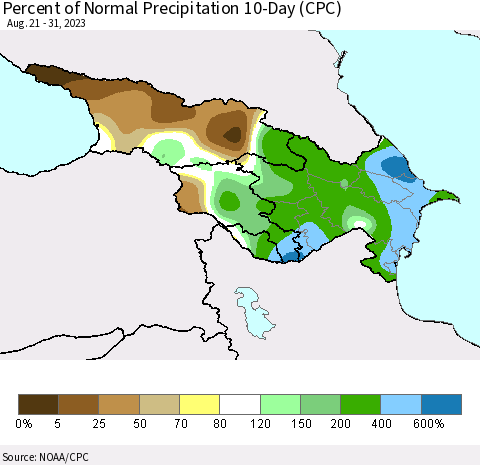 Azerbaijan, Armenia and Georgia Percent of Normal Precipitation 10-Day (CPC) Thematic Map For 8/21/2023 - 8/31/2023