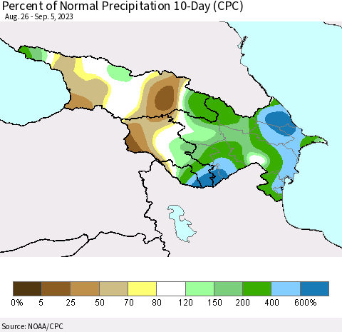 Azerbaijan, Armenia and Georgia Percent of Normal Precipitation 10-Day (CPC) Thematic Map For 8/26/2023 - 9/5/2023