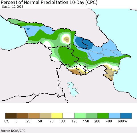 Azerbaijan, Armenia and Georgia Percent of Normal Precipitation 10-Day (CPC) Thematic Map For 9/1/2023 - 9/10/2023