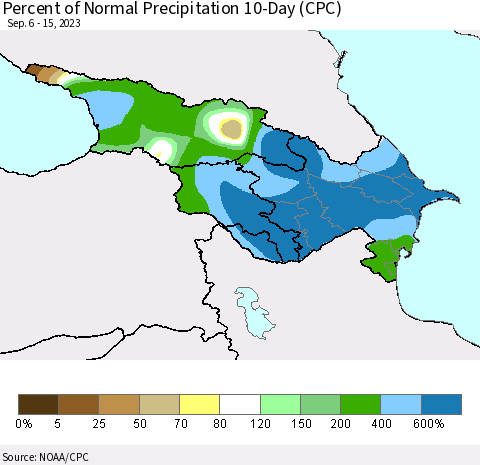 Azerbaijan, Armenia and Georgia Percent of Normal Precipitation 10-Day (CPC) Thematic Map For 9/6/2023 - 9/15/2023