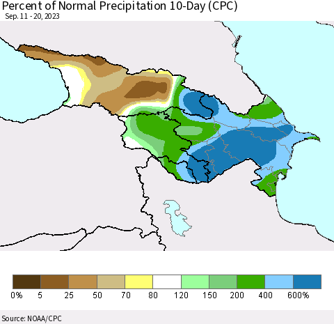 Azerbaijan, Armenia and Georgia Percent of Normal Precipitation 10-Day (CPC) Thematic Map For 9/11/2023 - 9/20/2023