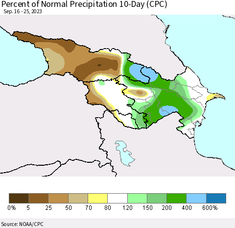 Azerbaijan, Armenia and Georgia Percent of Normal Precipitation 10-Day (CPC) Thematic Map For 9/16/2023 - 9/25/2023