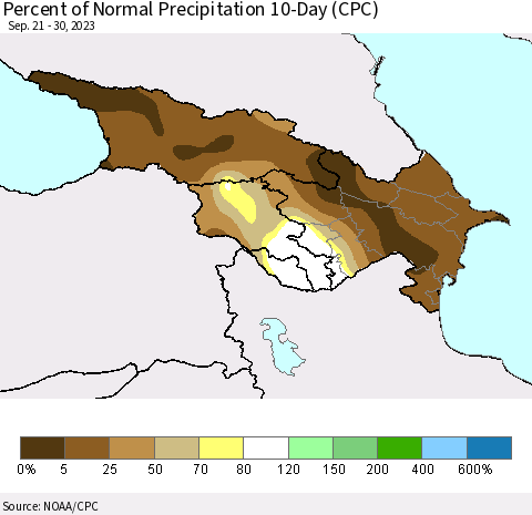 Azerbaijan, Armenia and Georgia Percent of Normal Precipitation 10-Day (CPC) Thematic Map For 9/21/2023 - 9/30/2023