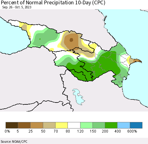 Azerbaijan, Armenia and Georgia Percent of Normal Precipitation 10-Day (CPC) Thematic Map For 9/26/2023 - 10/5/2023