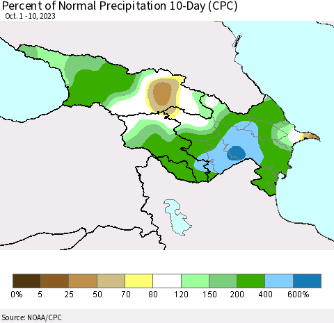 Azerbaijan, Armenia and Georgia Percent of Normal Precipitation 10-Day (CPC) Thematic Map For 10/1/2023 - 10/10/2023