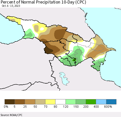 Azerbaijan, Armenia and Georgia Percent of Normal Precipitation 10-Day (CPC) Thematic Map For 10/6/2023 - 10/15/2023