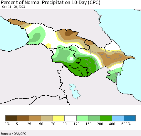 Azerbaijan, Armenia and Georgia Percent of Normal Precipitation 10-Day (CPC) Thematic Map For 10/11/2023 - 10/20/2023