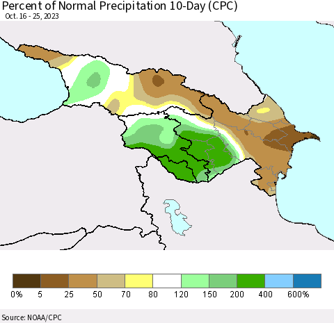 Azerbaijan, Armenia and Georgia Percent of Normal Precipitation 10-Day (CPC) Thematic Map For 10/16/2023 - 10/25/2023