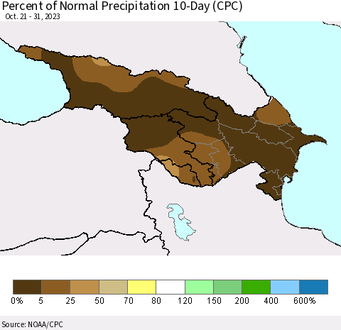 Azerbaijan, Armenia and Georgia Percent of Normal Precipitation 10-Day (CPC) Thematic Map For 10/21/2023 - 10/31/2023