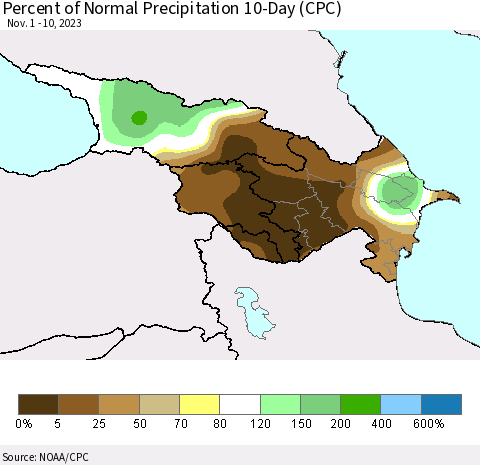 Azerbaijan, Armenia and Georgia Percent of Normal Precipitation 10-Day (CPC) Thematic Map For 11/1/2023 - 11/10/2023