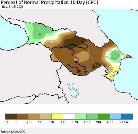 Azerbaijan, Armenia and Georgia Percent of Normal Precipitation 10-Day (CPC) Thematic Map For 11/6/2023 - 11/15/2023