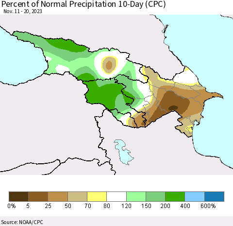 Azerbaijan, Armenia and Georgia Percent of Normal Precipitation 10-Day (CPC) Thematic Map For 11/11/2023 - 11/20/2023