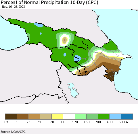 Azerbaijan, Armenia and Georgia Percent of Normal Precipitation 10-Day (CPC) Thematic Map For 11/16/2023 - 11/25/2023
