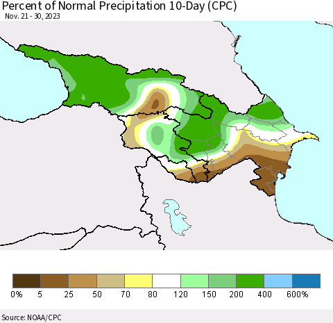 Azerbaijan, Armenia and Georgia Percent of Normal Precipitation 10-Day (CPC) Thematic Map For 11/21/2023 - 11/30/2023