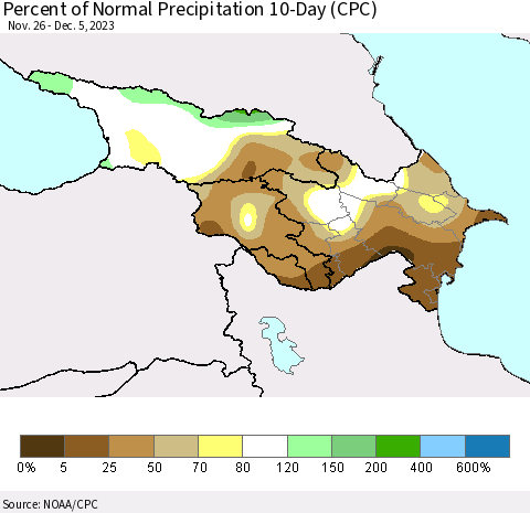 Azerbaijan, Armenia and Georgia Percent of Normal Precipitation 10-Day (CPC) Thematic Map For 11/26/2023 - 12/5/2023