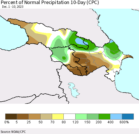 Azerbaijan, Armenia and Georgia Percent of Normal Precipitation 10-Day (CPC) Thematic Map For 12/1/2023 - 12/10/2023