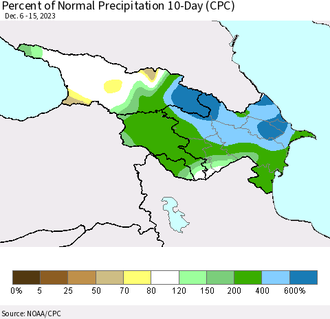 Azerbaijan, Armenia and Georgia Percent of Normal Precipitation 10-Day (CPC) Thematic Map For 12/6/2023 - 12/15/2023