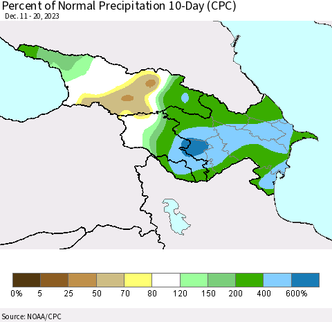Azerbaijan, Armenia and Georgia Percent of Normal Precipitation 10-Day (CPC) Thematic Map For 12/11/2023 - 12/20/2023