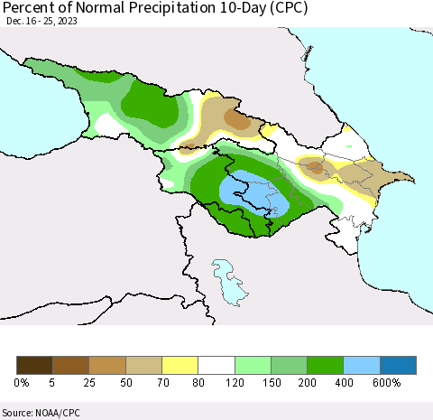 Azerbaijan, Armenia and Georgia Percent of Normal Precipitation 10-Day (CPC) Thematic Map For 12/16/2023 - 12/25/2023