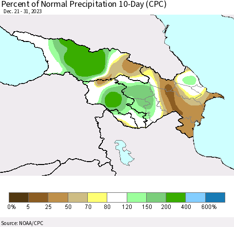 Azerbaijan, Armenia and Georgia Percent of Normal Precipitation 10-Day (CPC) Thematic Map For 12/21/2023 - 12/31/2023