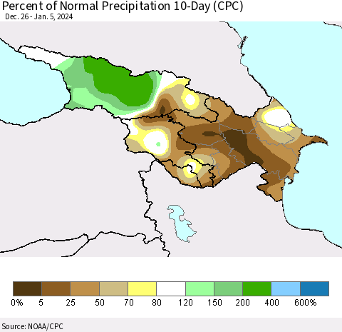 Azerbaijan, Armenia and Georgia Percent of Normal Precipitation 10-Day (CPC) Thematic Map For 12/26/2023 - 1/5/2024