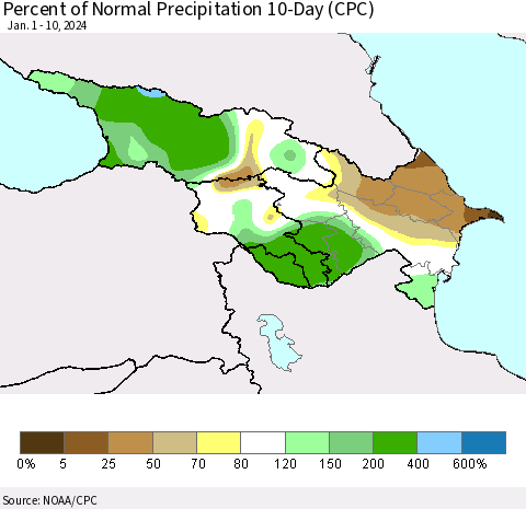 Azerbaijan, Armenia and Georgia Percent of Normal Precipitation 10-Day (CPC) Thematic Map For 1/1/2024 - 1/10/2024