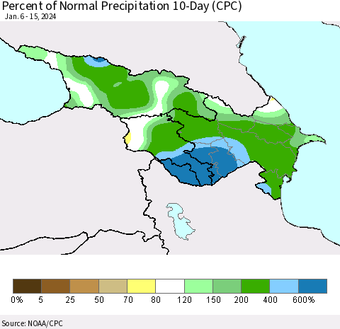 Azerbaijan, Armenia and Georgia Percent of Normal Precipitation 10-Day (CPC) Thematic Map For 1/6/2024 - 1/15/2024