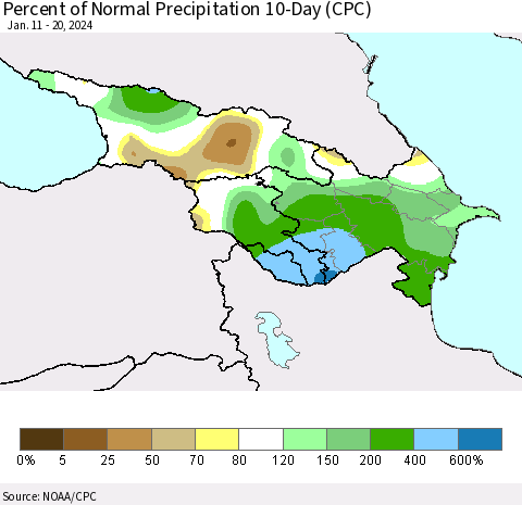 Azerbaijan, Armenia and Georgia Percent of Normal Precipitation 10-Day (CPC) Thematic Map For 1/11/2024 - 1/20/2024
