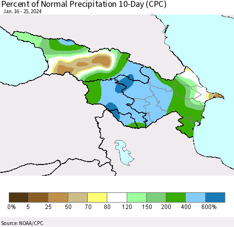 Azerbaijan, Armenia and Georgia Percent of Normal Precipitation 10-Day (CPC) Thematic Map For 1/16/2024 - 1/25/2024