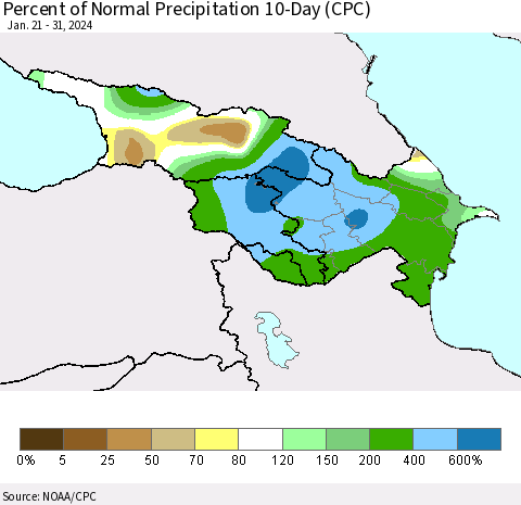 Azerbaijan, Armenia and Georgia Percent of Normal Precipitation 10-Day (CPC) Thematic Map For 1/21/2024 - 1/31/2024