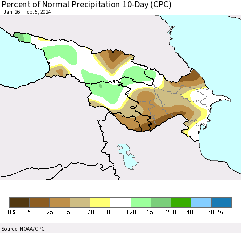Azerbaijan, Armenia and Georgia Percent of Normal Precipitation 10-Day (CPC) Thematic Map For 1/26/2024 - 2/5/2024