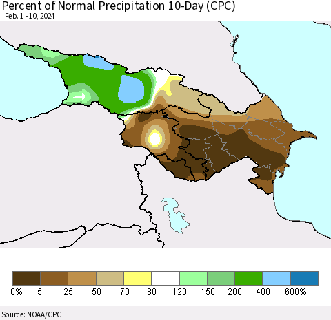 Azerbaijan, Armenia and Georgia Percent of Normal Precipitation 10-Day (CPC) Thematic Map For 2/1/2024 - 2/10/2024