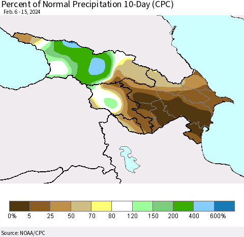 Azerbaijan, Armenia and Georgia Percent of Normal Precipitation 10-Day (CPC) Thematic Map For 2/6/2024 - 2/15/2024