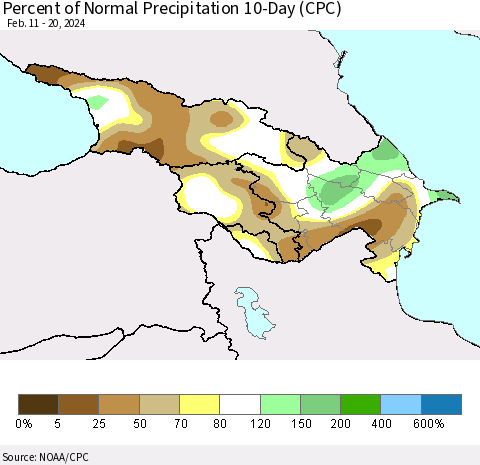 Azerbaijan, Armenia and Georgia Percent of Normal Precipitation 10-Day (CPC) Thematic Map For 2/11/2024 - 2/20/2024