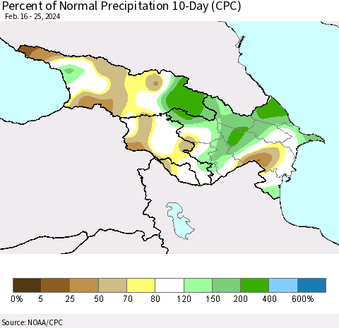 Azerbaijan, Armenia and Georgia Percent of Normal Precipitation 10-Day (CPC) Thematic Map For 2/16/2024 - 2/25/2024
