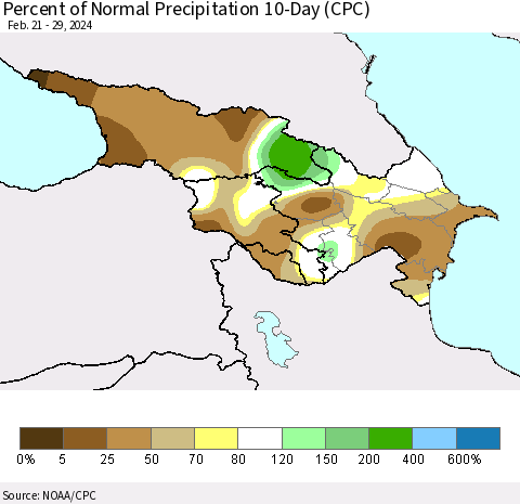 Azerbaijan, Armenia and Georgia Percent of Normal Precipitation 10-Day (CPC) Thematic Map For 2/21/2024 - 2/29/2024