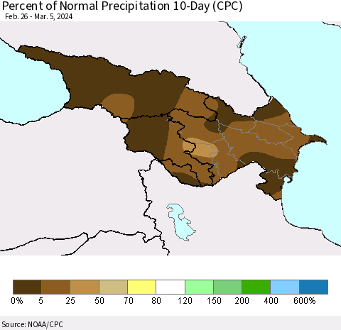 Azerbaijan, Armenia and Georgia Percent of Normal Precipitation 10-Day (CPC) Thematic Map For 2/26/2024 - 3/5/2024