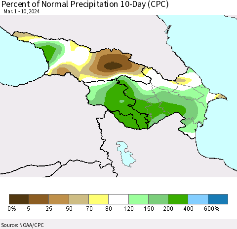 Azerbaijan, Armenia and Georgia Percent of Normal Precipitation 10-Day (CPC) Thematic Map For 3/1/2024 - 3/10/2024