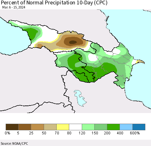 Azerbaijan, Armenia and Georgia Percent of Normal Precipitation 10-Day (CPC) Thematic Map For 3/6/2024 - 3/15/2024