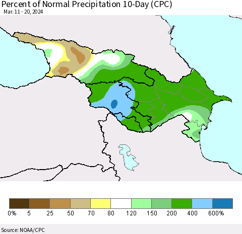 Azerbaijan, Armenia and Georgia Percent of Normal Precipitation 10-Day (CPC) Thematic Map For 3/11/2024 - 3/20/2024