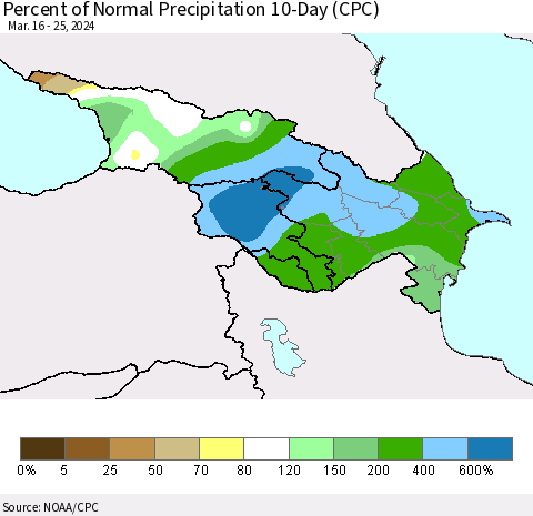 Azerbaijan, Armenia and Georgia Percent of Normal Precipitation 10-Day (CPC) Thematic Map For 3/16/2024 - 3/25/2024