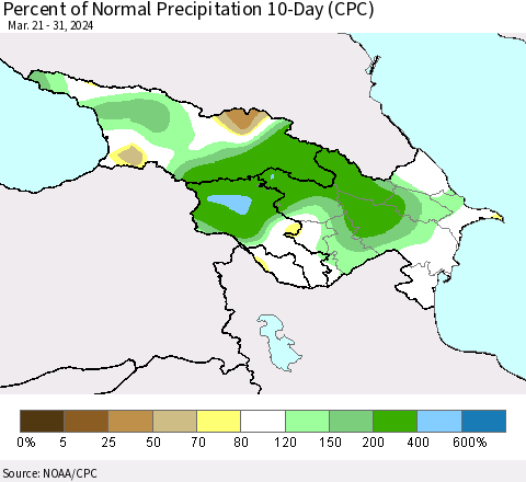 Azerbaijan, Armenia and Georgia Percent of Normal Precipitation 10-Day (CPC) Thematic Map For 3/21/2024 - 3/31/2024
