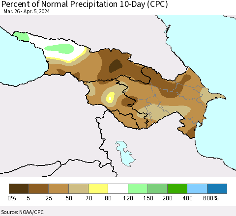 Azerbaijan, Armenia and Georgia Percent of Normal Precipitation 10-Day (CPC) Thematic Map For 3/26/2024 - 4/5/2024