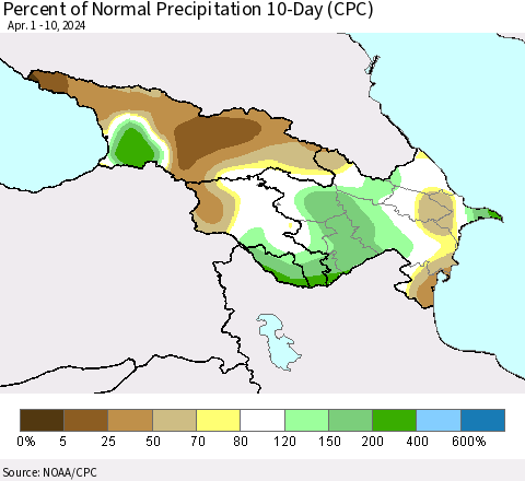 Azerbaijan, Armenia and Georgia Percent of Normal Precipitation 10-Day (CPC) Thematic Map For 4/1/2024 - 4/10/2024