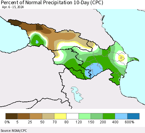 Azerbaijan, Armenia and Georgia Percent of Normal Precipitation 10-Day (CPC) Thematic Map For 4/6/2024 - 4/15/2024