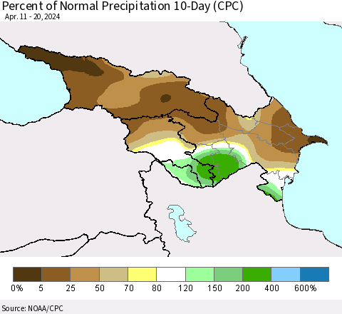 Azerbaijan, Armenia and Georgia Percent of Normal Precipitation 10-Day (CPC) Thematic Map For 4/11/2024 - 4/20/2024