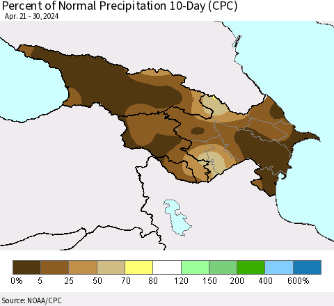 Azerbaijan, Armenia and Georgia Percent of Normal Precipitation 10-Day (CPC) Thematic Map For 4/21/2024 - 4/30/2024