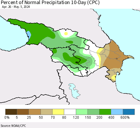 Azerbaijan, Armenia and Georgia Percent of Normal Precipitation 10-Day (CPC) Thematic Map For 4/26/2024 - 5/5/2024