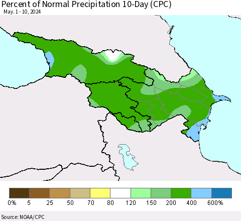 Azerbaijan, Armenia and Georgia Percent of Normal Precipitation 10-Day (CPC) Thematic Map For 5/1/2024 - 5/10/2024